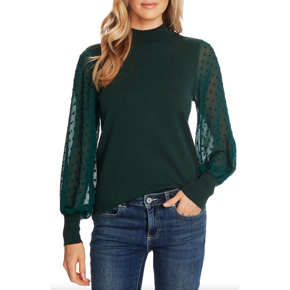NWT CeCe Womens Clip Dot Sleeve Sweater Alpine Green Sz Large Semi Sheer Sleeve